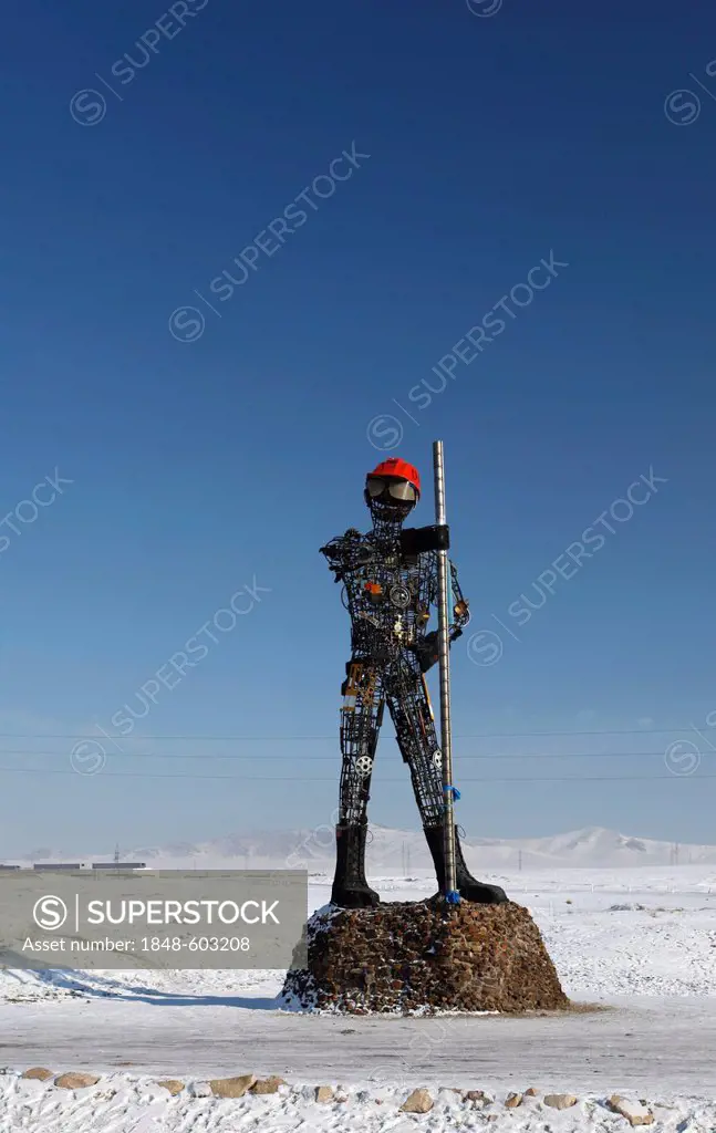 Iron man, sculpture at a mine, Darkhan, Mongolia, Asia