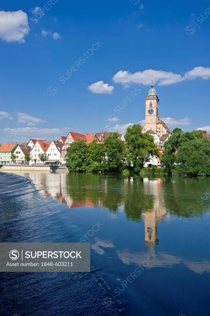 Cityscape with the Neckar River and the Town Church of Saint Lawrence, Nuertingen, Swabian Alb, Baden-Wuerttemberg, Germany, Europe