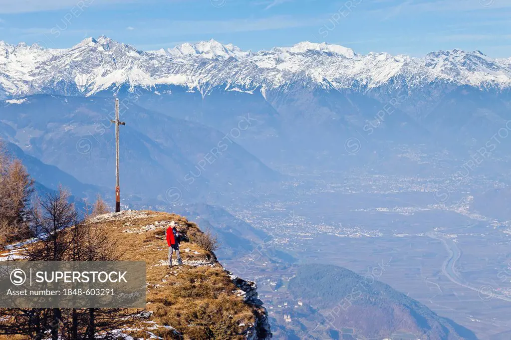 View from Gantkofel Mountain over the town of Merano, Mendel Ridge, Alto Adige, Italy, Europe