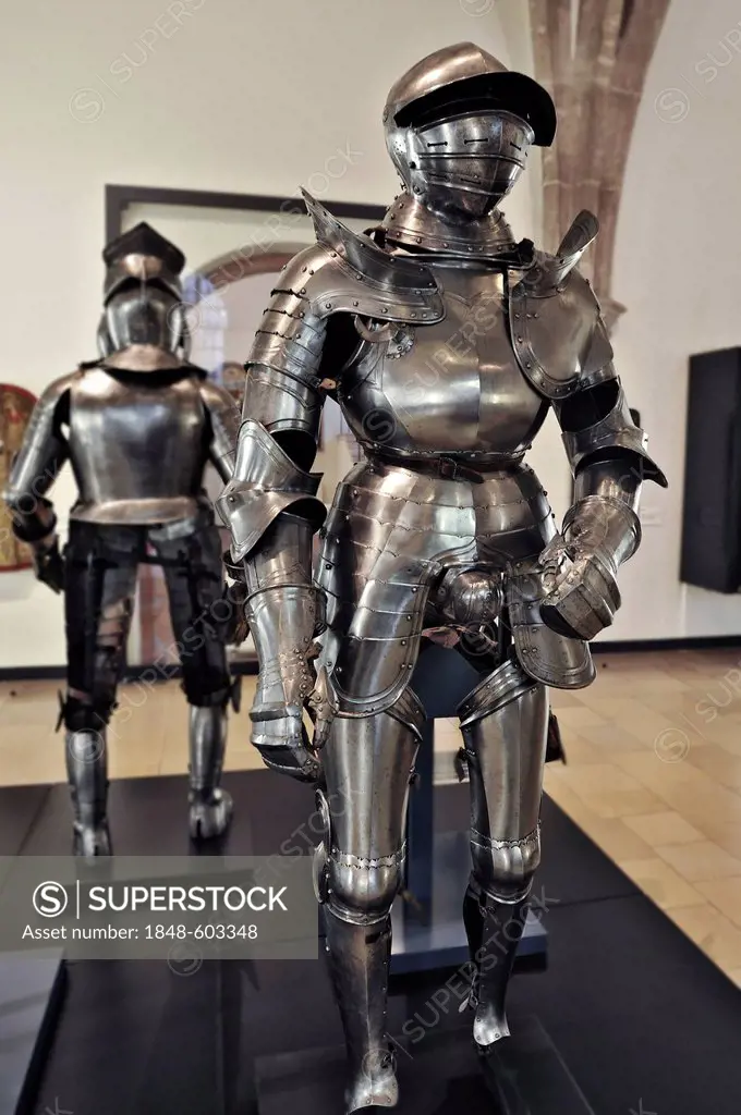 Hall with medieval armour, full plate armour from southern Germany, 16th Century, Bavarian National Museum, Prinzregentenstrasse 3, Munich, Bavaria, G...