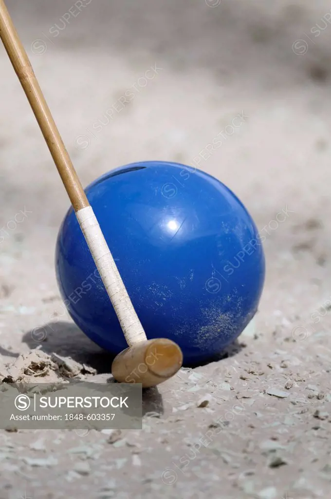 Polo mallet and blue polo ball, Airport Arena Event Polo 2010, Munich, Upper Bavaria, Bavaria, Germany, Europe