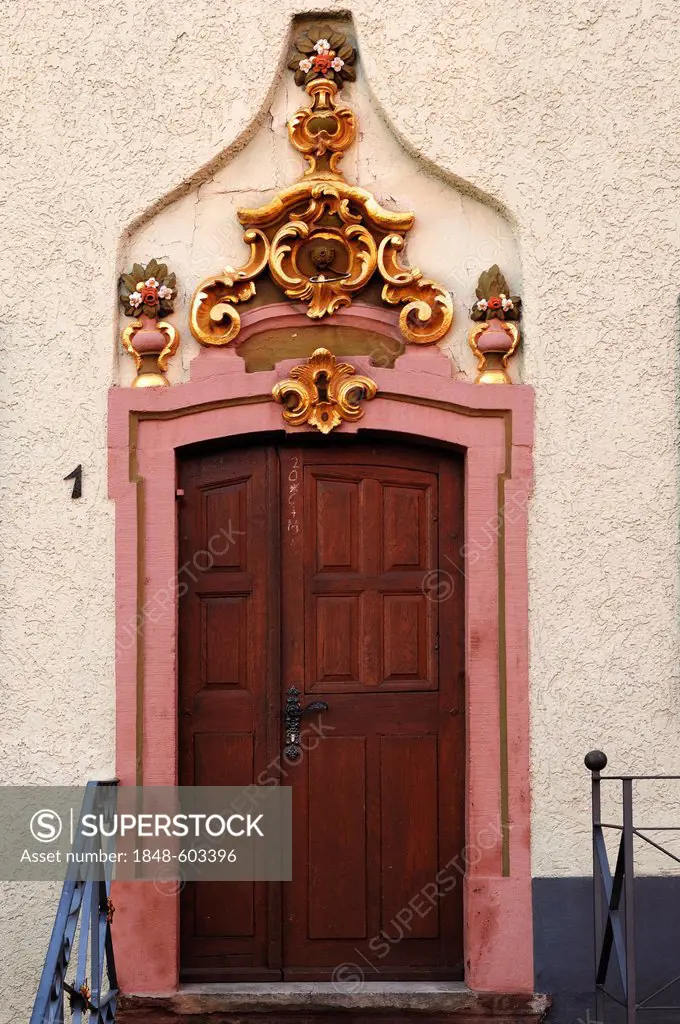 Old entrance door of a stately house, Kirchstrasse street 1, Ettenheim, Baden-Wuerttemberg, Germany, Europe