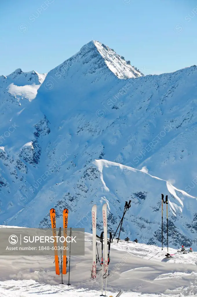 Skis sticking out of the snow, Hagener Hut near Mallnitz, Hohe Tauern National Park, Alps, Carinthia, Austria, Europe