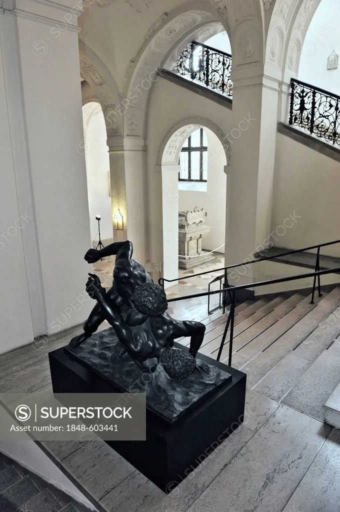 Entrance and stairs, sculpture of Wrestlers, Florence from 1700, bronze replica, Bavarian National Museum, Prinzregentenstrasse 3, Munich, Bavaria, Ge...