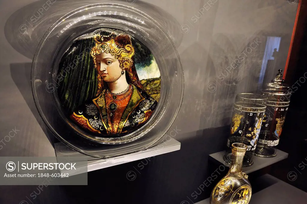 Bowl with the portrait of a woman and glasses, probably from Venice around 1550, Bavarian National Museum, Prinzregentenstrasse 3, Munich, Bavaria, Ge...