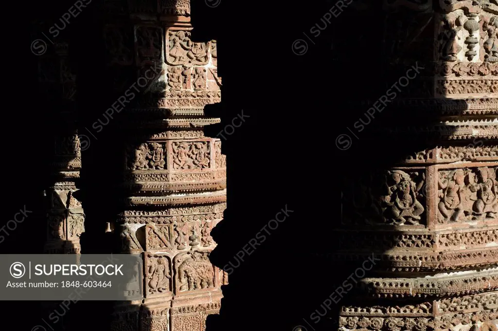 Details of the pillars, Madan Mohan terracotta temple in Keshta Rai, Bishnupur, Bankura district, West Bengal, India, Asia