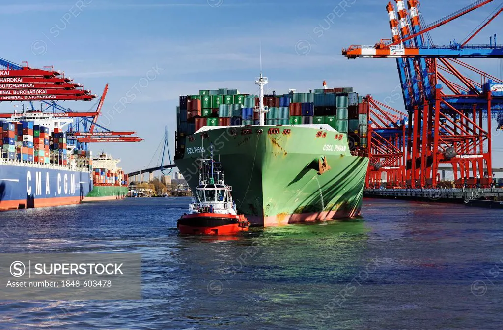 Container ship in the port, Waltershof, Hamburg, Germany, Europe