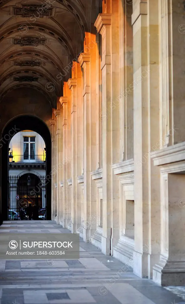 Arcade, Palais du Louvre or Louvre Palace museum in the evening light, Paris, France, Europe