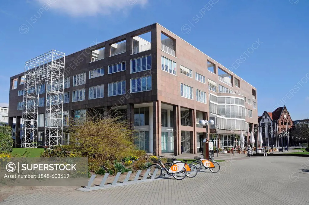 Metro-Rad-Ruhr, bicycle hire station, new town hall, Dortmund, Ruhr Area, North Rhine-Westphalia, Germany, Europe