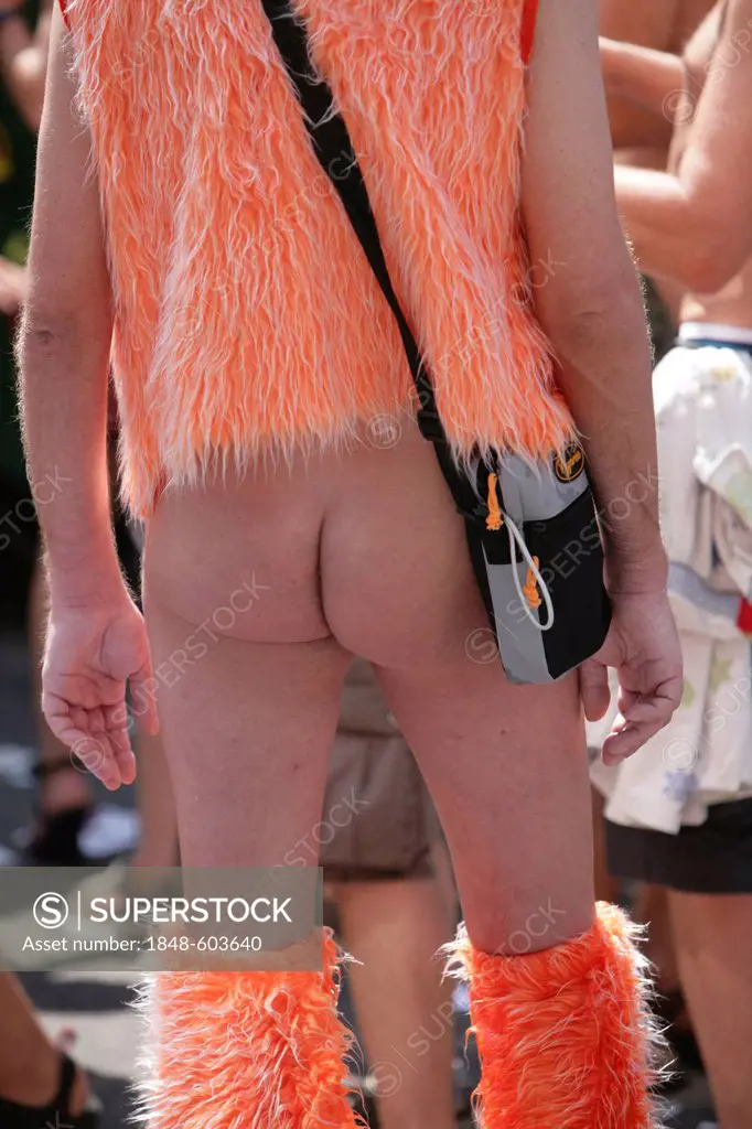 Man wearing a plush outfit with bare buttocks, Christopher Street Day, Cologne, North Rhine-Westphalia, Germany, Europe