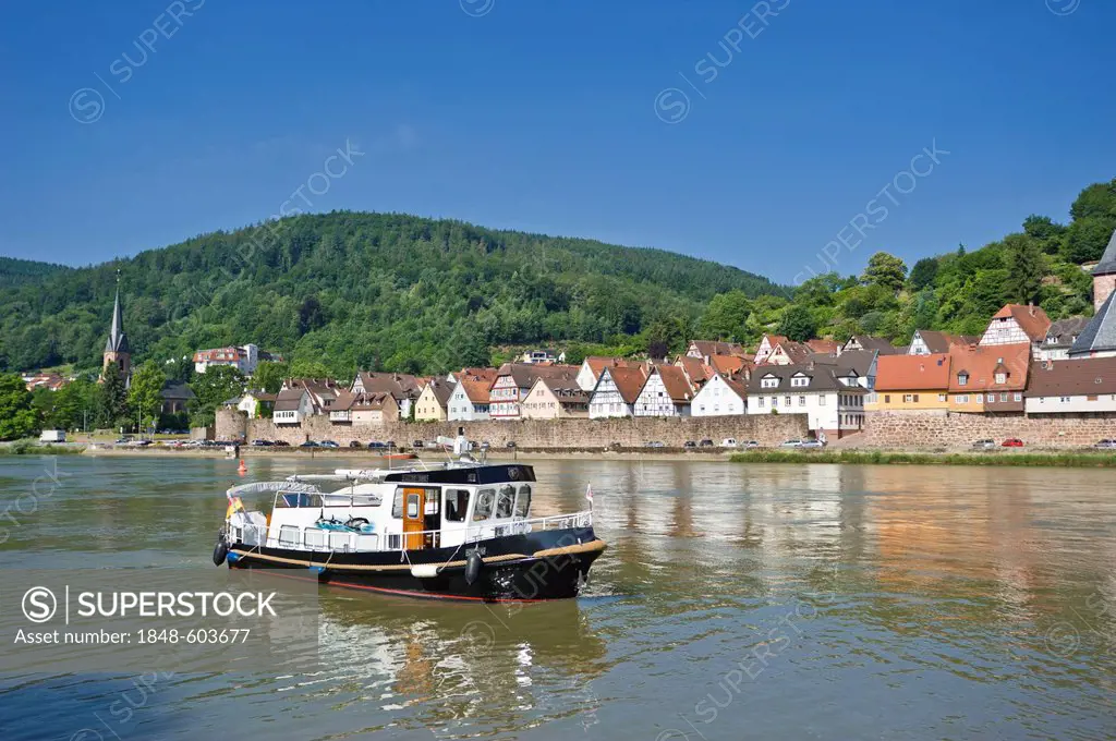 Townscape with the Neckar river, Hirschhorn, Neckartal Odenwald Nature Park, Hesse, Germany, Europe