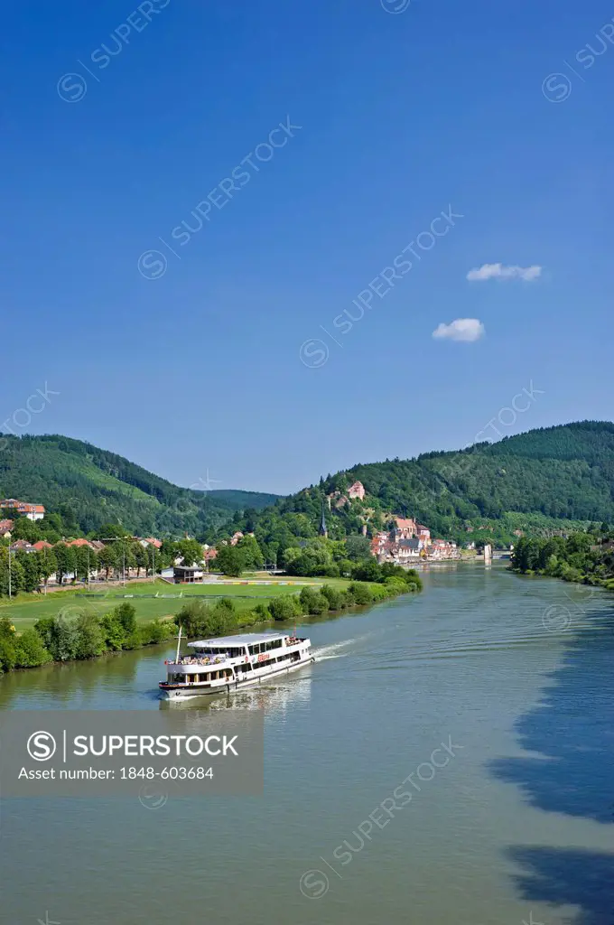 Townscape with the Neckar river and a pleasure boat, Hirschhorn, Neckartal Odenwald Nature Park, Hesse, Germany, Europe