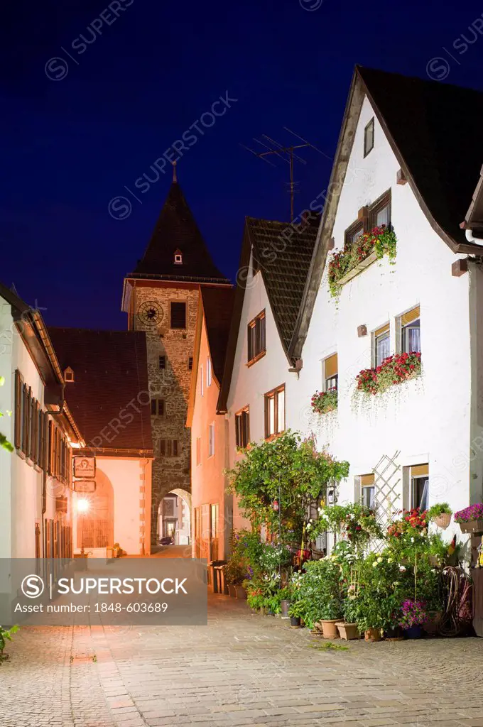 Church tower of the parish church with town gate, Hirschhorn, Neckartal Odenwald Nature Park, Hesse, Germany, Europe