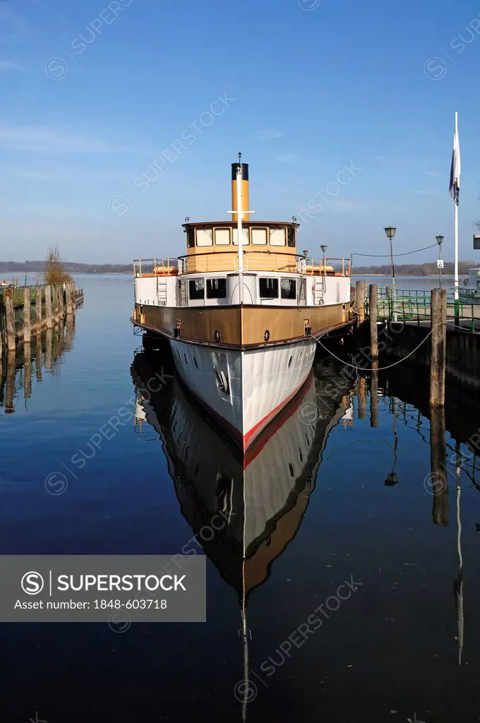 Old paddle steamer Ludwig Fessler, built in 1926, anchoring in the harbor of Stock near Prien, Bavaria, Germany, Europe