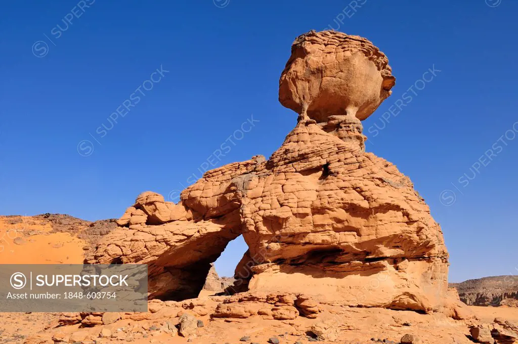 Arch and rock formation in the shape of a hedgehog, Tadrart, Tassili n'Ajjer National Park, Unesco World Heritage Site, Algeria, Sahara, North Africa