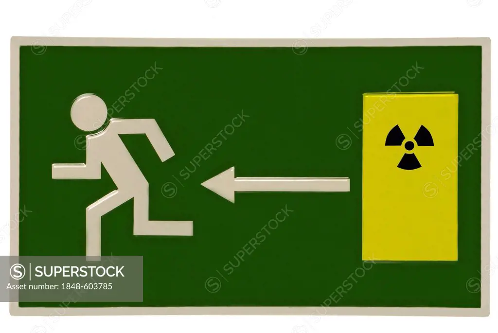 Escape sign with atomic symbol, symbolic image for nuclear power phase-out