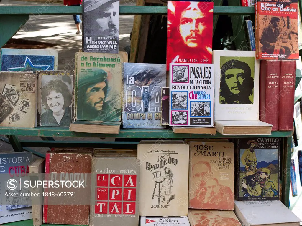 Political books on Che Guevara at a flea market in the old town of Havana, Cuba, Latin America