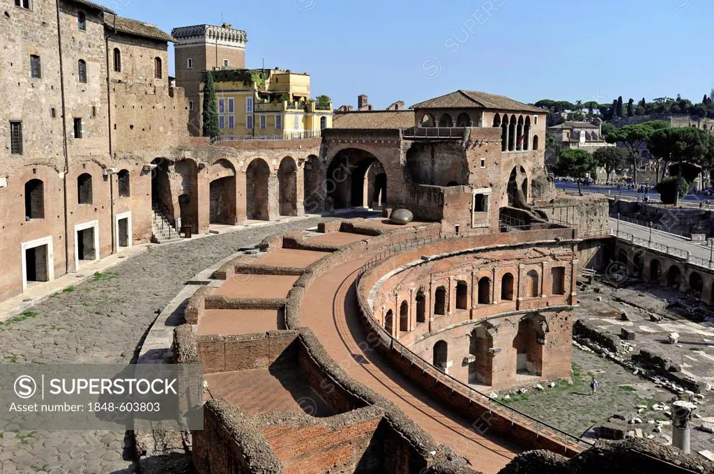 Tabernae or single room shops in the ancient street of Via Biberatica at Trajan's Market, in front of the Torre del Grillo and the House of the Knight...