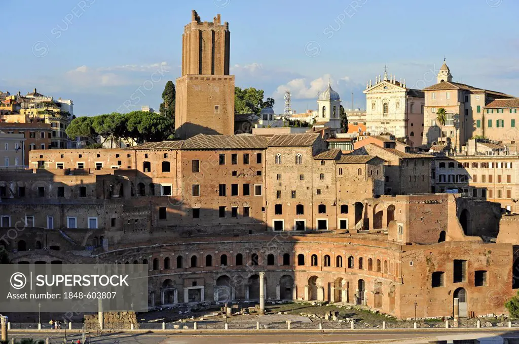 Trajan's Market, Torre delle Milizie, Militia Tower, Church of Santi Domenico e Sisto, Via Alessandrina, Via dei Fori Imperiali, Rome, Lazio, Italy, E...