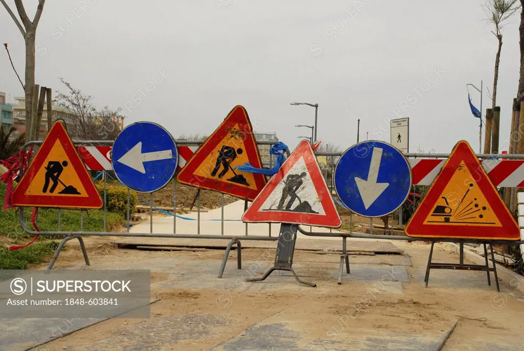 Construction signs at a construction site in Rimini, Italy, Europe