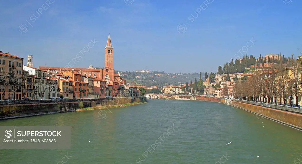Adige River as seen from Ponte Nuovo bridge with the Church of Sant'Anastasia and the hills of San Pietro, Verona, Veneto region, Italy, Europe