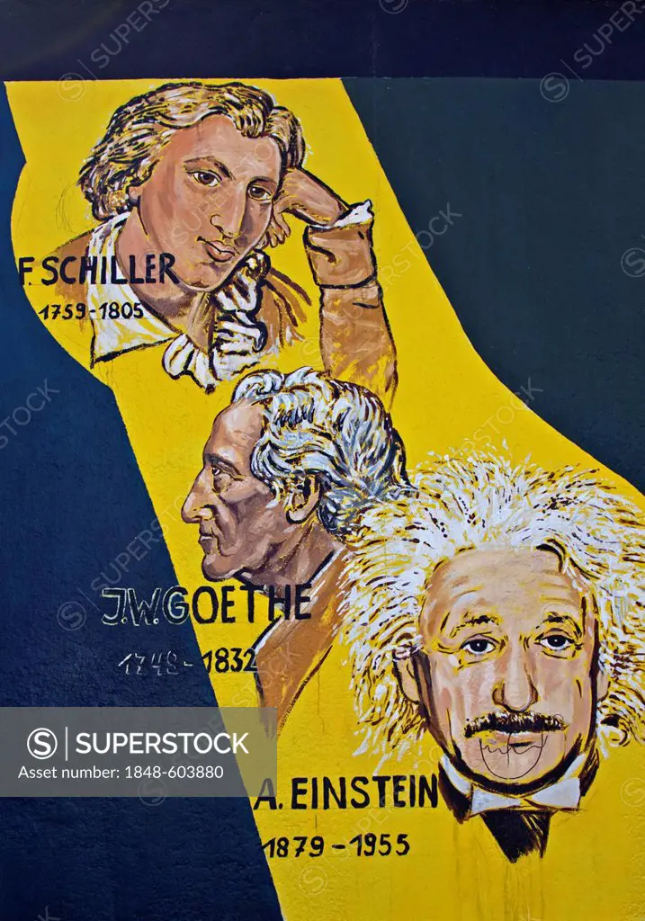 Schiller, Goethe and Einstein, painting, mural, Berlin Wall, East Side Gallery, Berlin, Germany, Europe