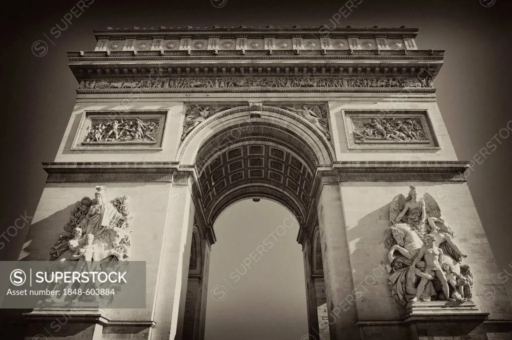 Black and white, sepia, Arc de Triomphe, triumphal arch, Place Charles de Gaulle, Axe historique, historic axis, Paris, France, Europe
