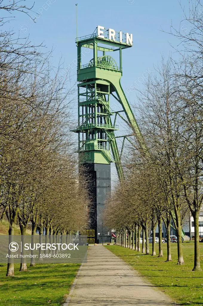 Winding tower of the former Erin Colliery, industrial monument, Castrop-Rauxel, Ruhr Area, North Rhine-Westphalia, Germany, Europe