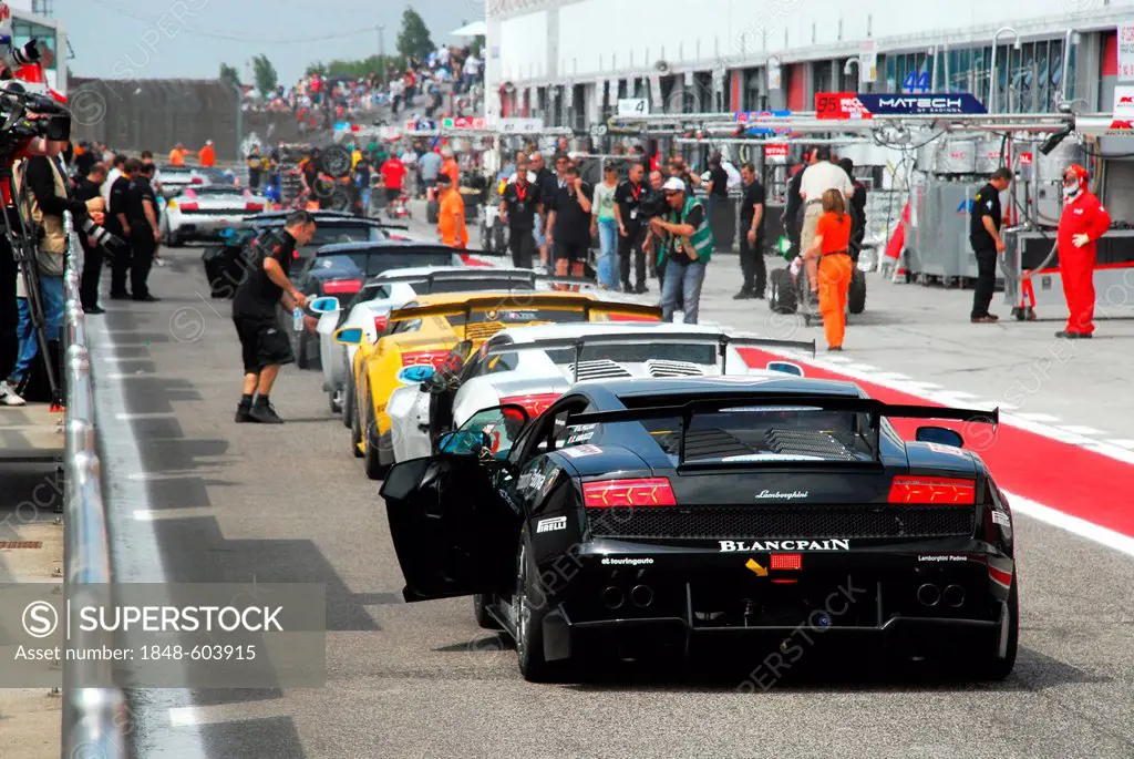 Start grid in pit lane of the Lamborghini Trofeo racing series at Adria Raceway, Italy, Europe