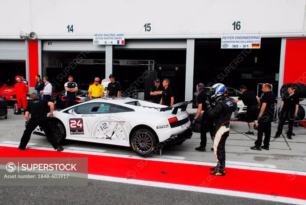 Lamborghini Gallardo, driven by Marc A. Hayek and Peter Kox in the pit lane at the Adria Raceway, Italy, Europe