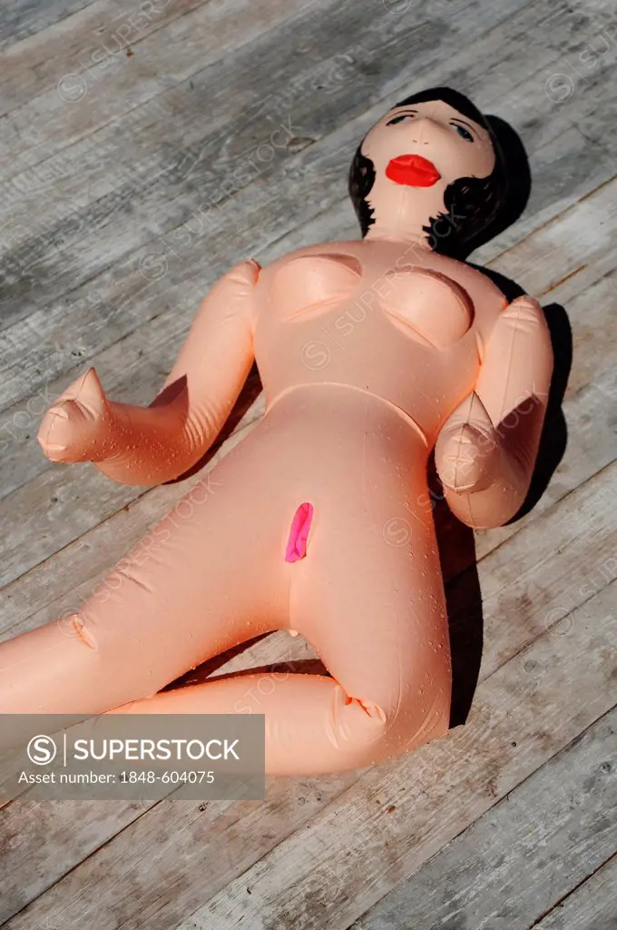 Inflatable sex doll or toy at the stand of DSL 55 in the open-air trade fair of Bread & Butter Premier League, in the grounds of former Berlin-Tempelh...