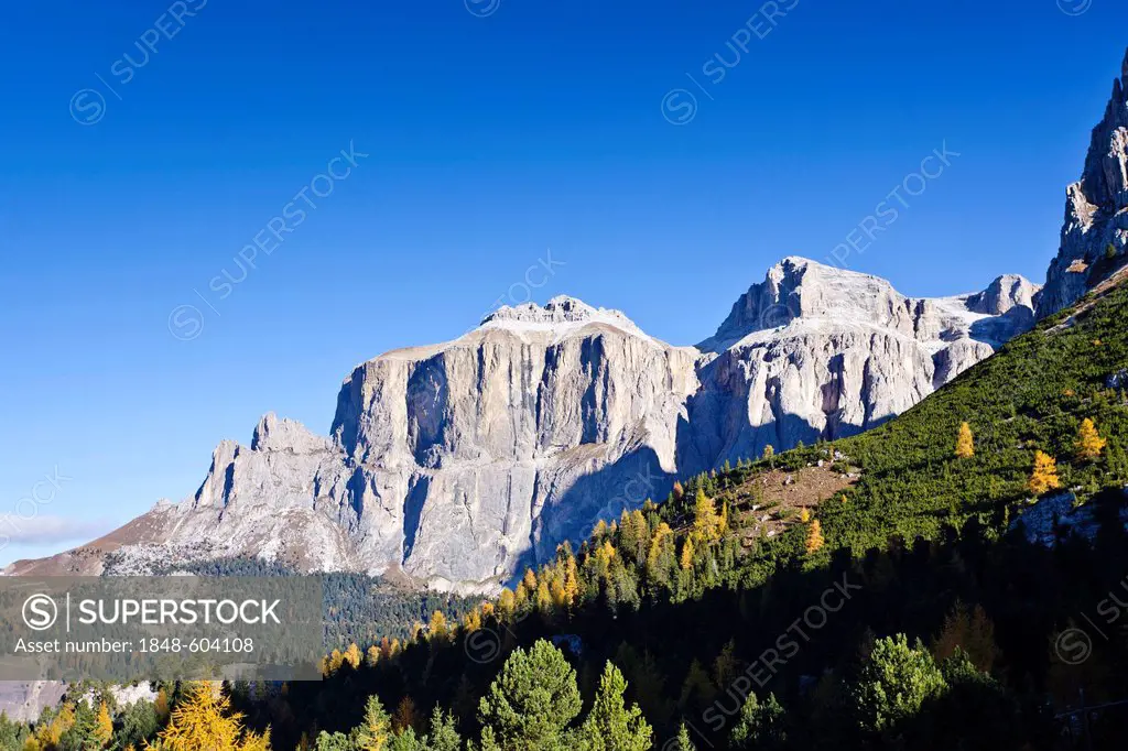View from Pordoi Pass towards the Sella Group massif, Dolomites, Alto Adige, Italy, Europe