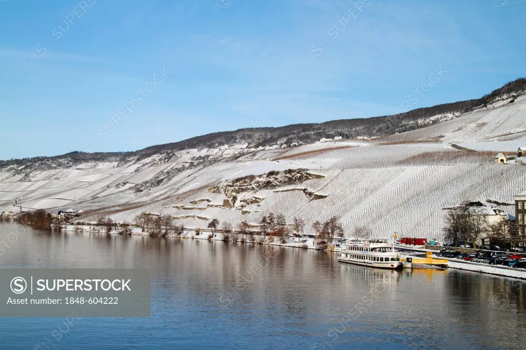 Snow-covered landscape with vineyards on the banks of the Mosel River near Bernkastel-Kues, Rhineland-Palatinate, Germany, Europe