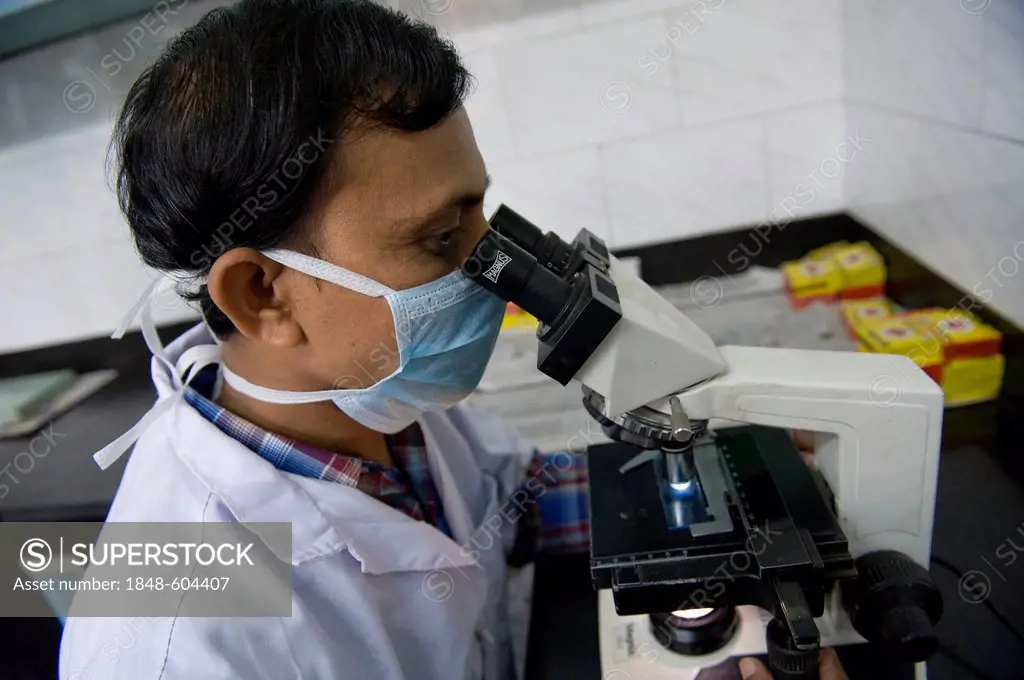 Employee examining a sputum specimen for tuberculosis pathogen under a microscope, St. Thomas Home, Shibpur district, Howrah, Kolkata, West Bengal, In...