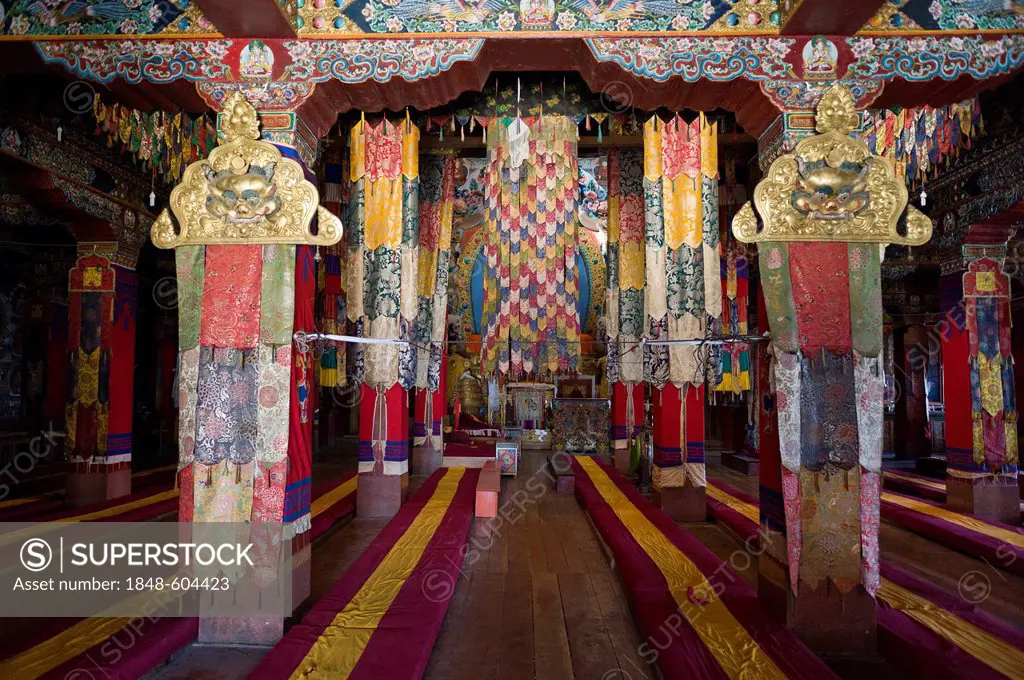 Main prayer room interior, Galden Namgyal Lhatse monastery, largest Buddhist monastery in India, Tawang, Arunachal Pradesh, India, Himalayas, Asia