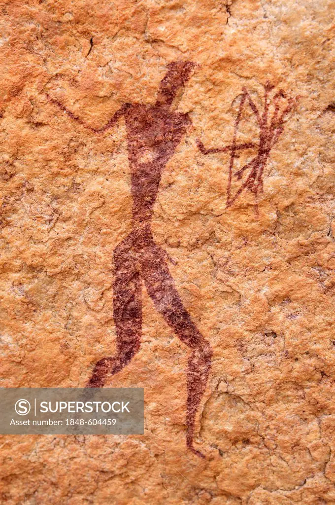 Painted warrior, neolithic rock art at Tin Meskis, Adrar N'Ahnet, Algeria, Sahara, North Africa