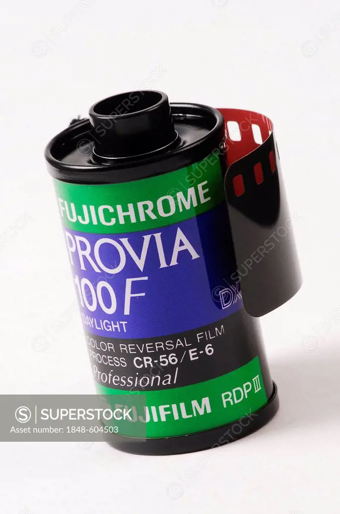 Fuji Provia slide film, 35mm film cartridge, analogue
