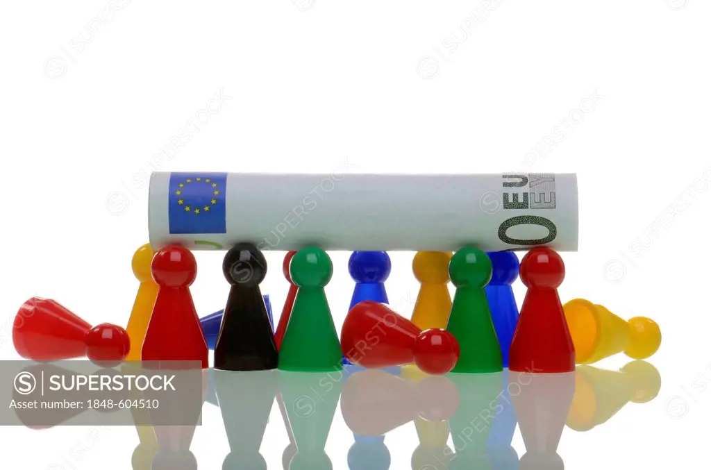 Differently colored game pieces carrying a Euro bill, some figures have fallen, symbolic image for the Euro crisis