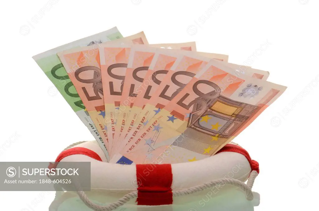 Lifesaver with euro notes, symbolic image euro rescue