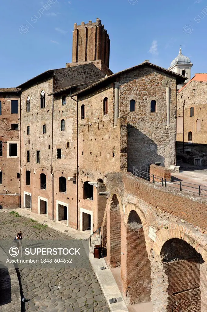 Tabernae or single room shops in the ancient street of Via Biberatica at Trajan's Market, in front of the Torre delle Milizie, Militia Tower, Via Ales...
