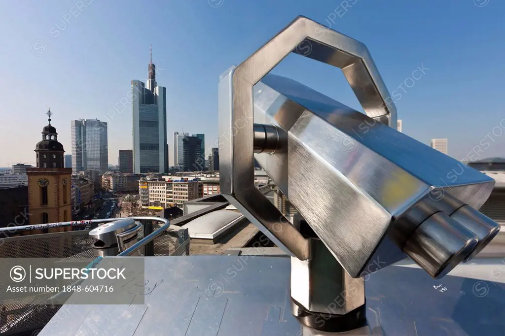 Telescope with a view over the financial district, Commerzbank Tower, European Central Bank, Deutsche Bank, Hessische Landesbank, OpernTurm Tower and ...