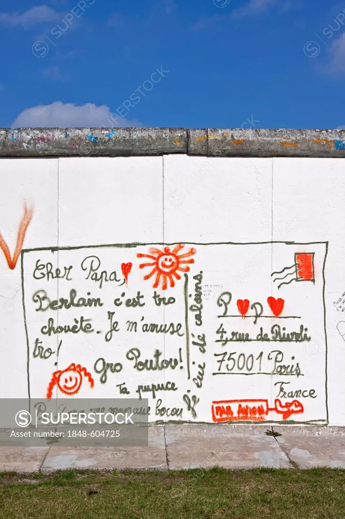 Painted postcard, mural, to a French father, Berlin Wall, Berlin, Germany, Europe