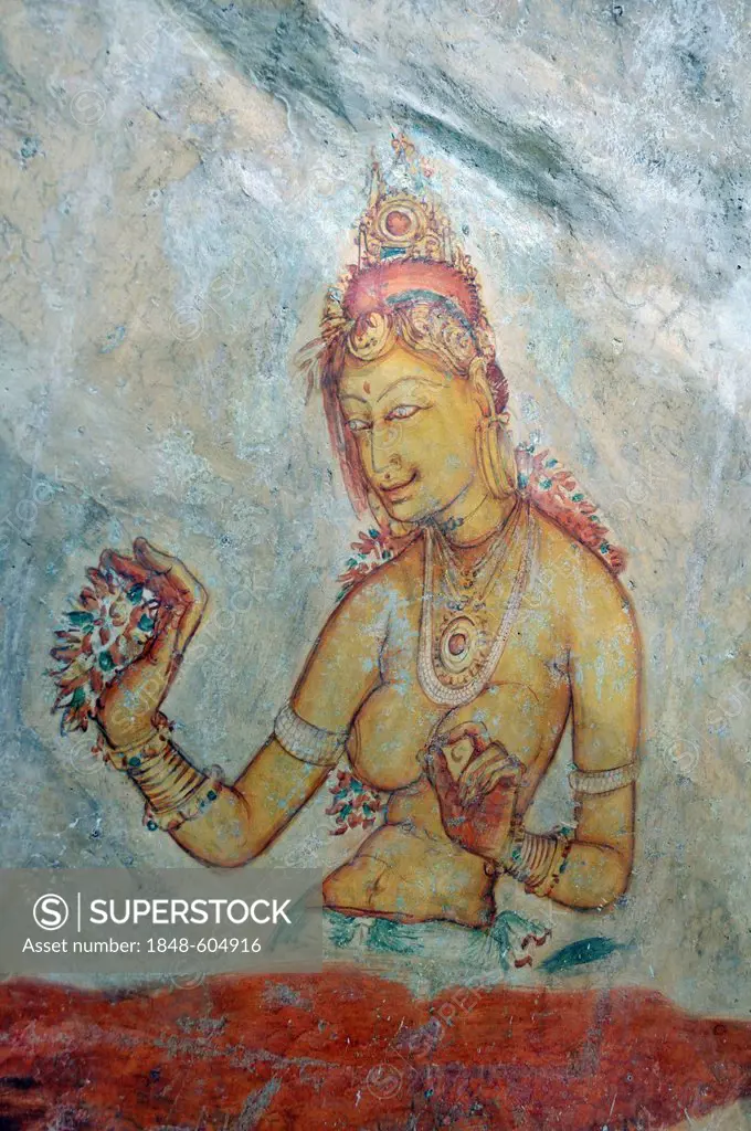 Cloud maiden, fresco on cave wall, 5th Century, Lion Rock, rock fortress, UNESCO World Heritage site, Sigiriya, Sri Lanka, Asia