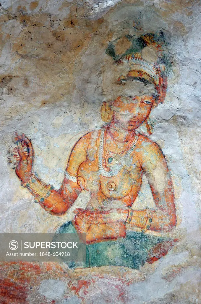 Cloud maiden, fresco on cave wall, 5th Century, Lion Rock, rock fortress, UNESCO World Heritage site, Sigiriya, Sri Lanka, Asia