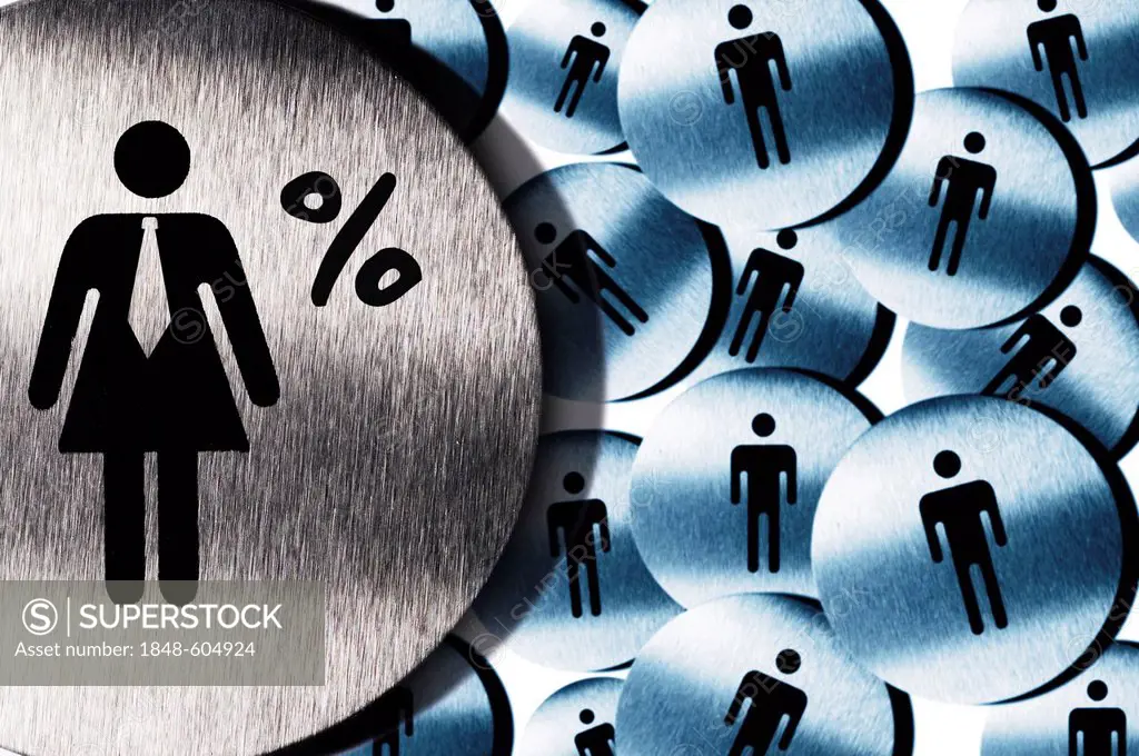 Pictogram of a woman with a tie and percent sign, symbolic image for women's quota
