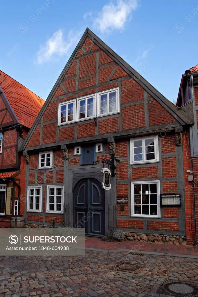 Historic timber-framed house, restaurant and cafe Abthaus in the old town of Buxtehude, Altes Land area, Lower Saxony, Germany, Europe