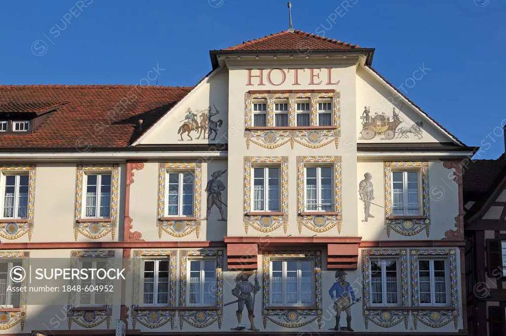 Painted facade, Hotel Sonne Post, Sonnenplatz 1, Lahr/Schwarzwald, Baden-Wuerttemberg, Germany, Europe