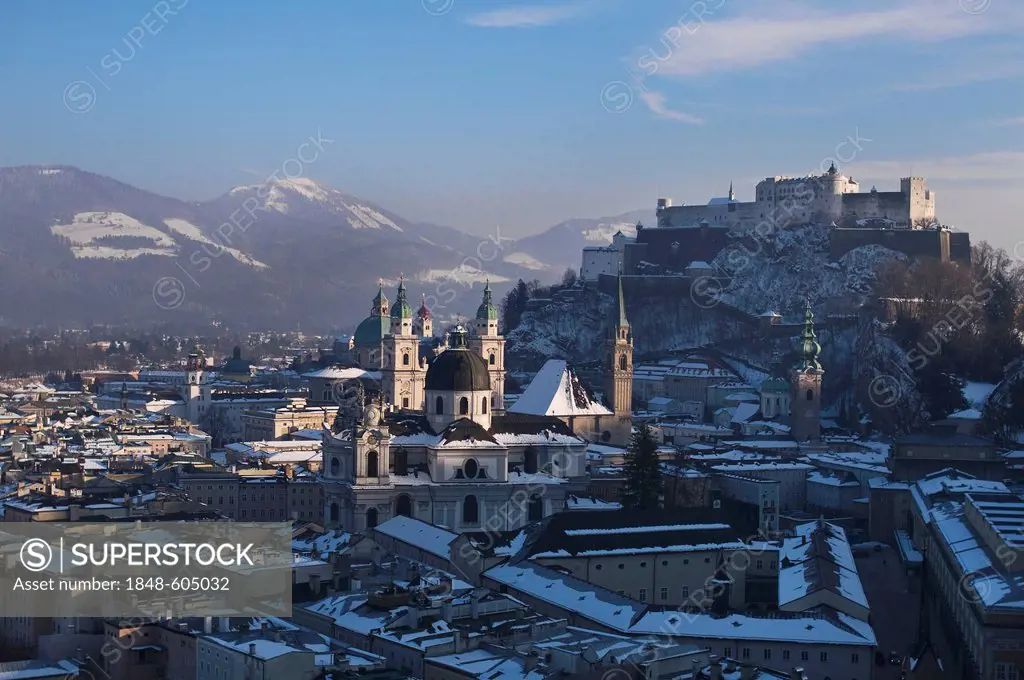 Impressive view of the wintry town of Salzburg, UNESCO World Heritage Site, university, cathedral and castle, Austria, Europe