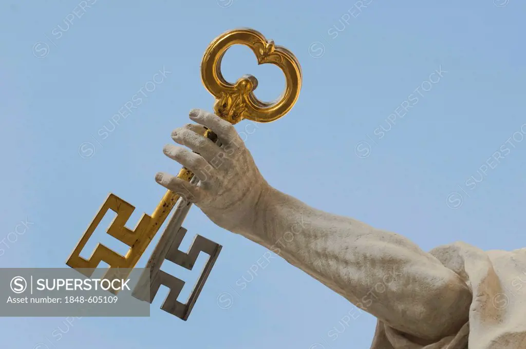 St. Peter holding the Keys of Heaven, detail, hand with 2 keys, in front of Salzburg Cathedral, UNESCO World Heritage Site, Salzburg, Austria, Europe