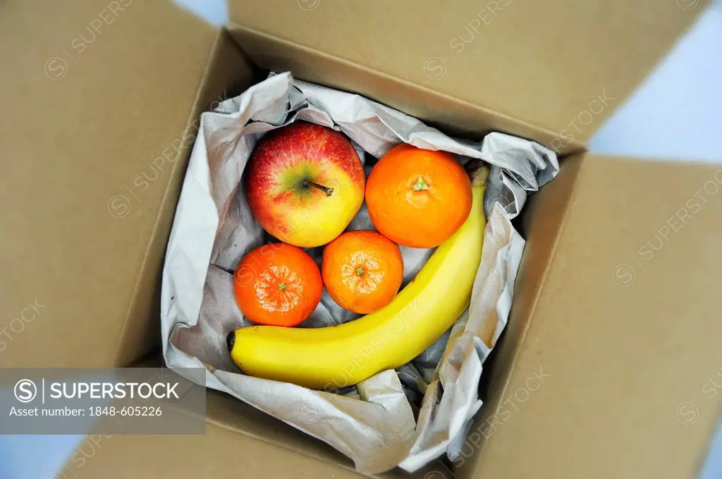 Parcel with fruit, symbolic image for online grocery shopping